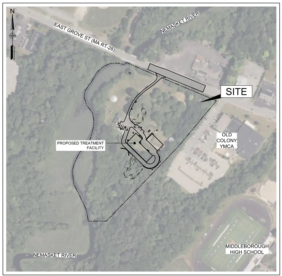A map showing the proposed site for the water treatment plant.