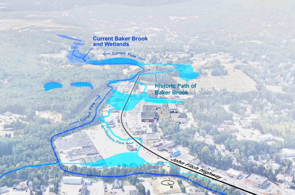 A map showing the historic and current alignment of Baker Brook.