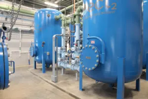 Installed resin filters in the treatment facility.